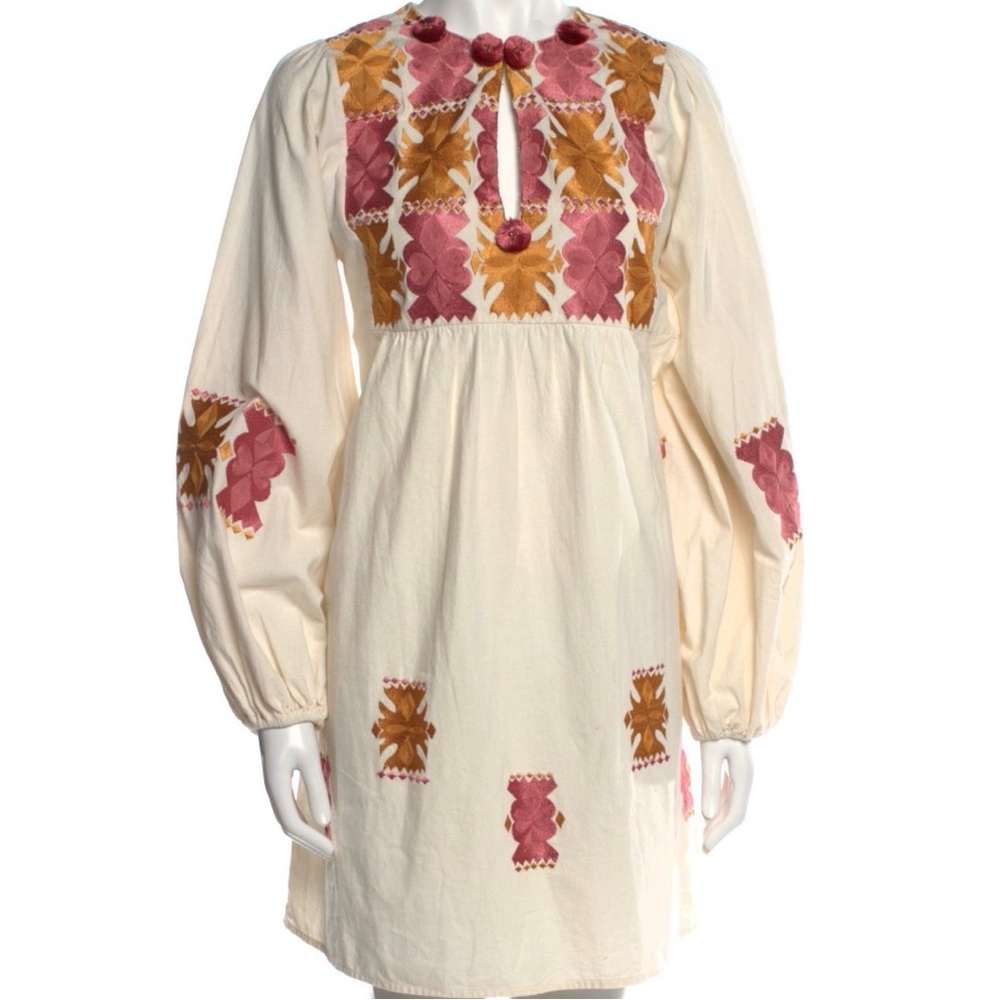 Figue Embroidered White Dress with Pink and Gold Accents and Pom Poms